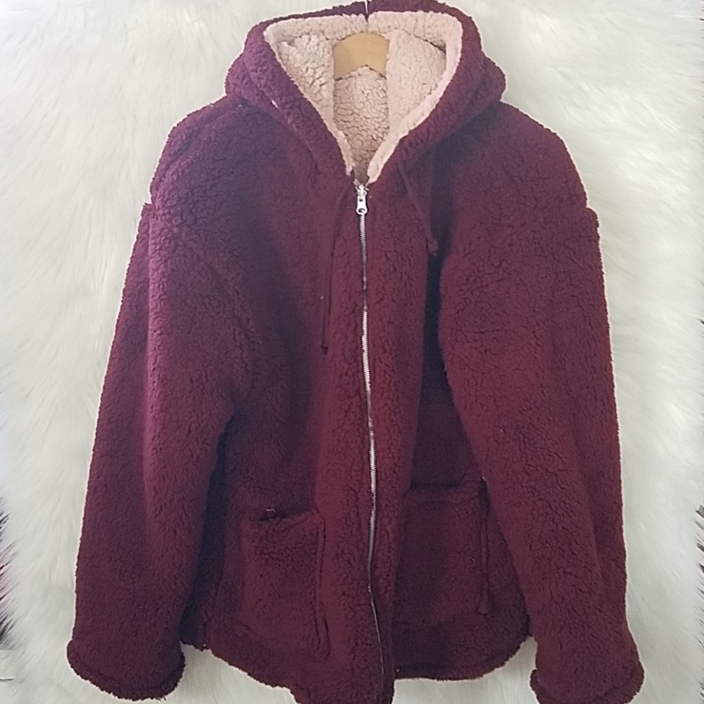 Wine & Pink Reversible Sherpa Coat - Picture 5 of 8